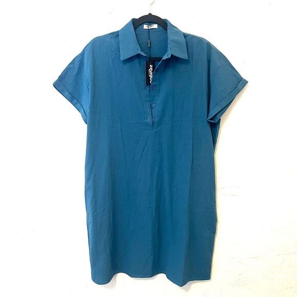 zeagoo Dresses & Skirts - Zeagoo Blue Cotton Shirt Dress Size Large NEW Short Sleeve Pockets Casual